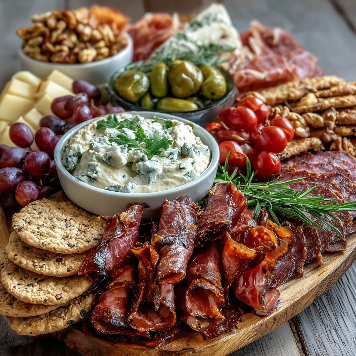 Vibrant Housewarming Charcuterie Board with Dips and Crackers