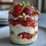 Strawberry Shortcake Overnight Oats with Vanilla Yogurt: Creamy oats layered with fresh strawberries and vanilla yogurt for a healthy, make-ahead breakfast.