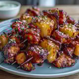 Savory-sweet air fryer chicken pineapple bites featuring tender chicken cubes and golden pineapple, served with sesame seeds and sliced green onions.