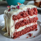 Fluffy Rosé Velvet Cake adorned with creamy frosting and a luxurious shimmering gold cascade.