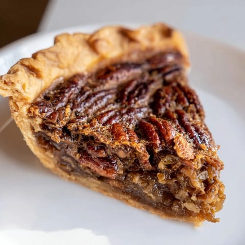 A slice of warm pecan pie, showing the gooey, caramelized filling and crunchy pecans.