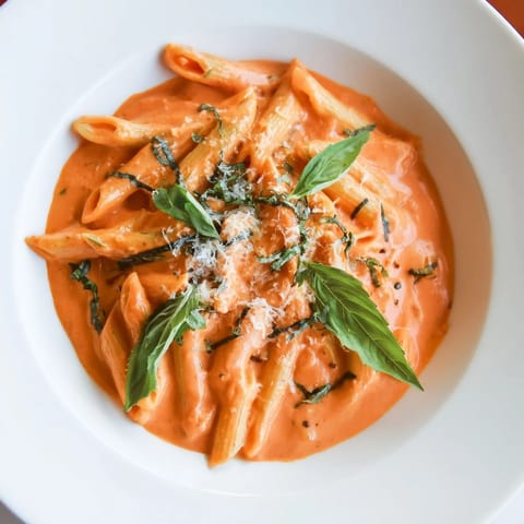 A skillet of roasted red pepper pasta topped with torn basil and extra Parmesan, steam rising.