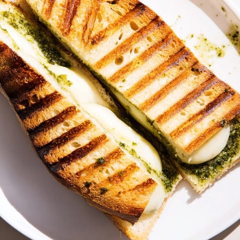 A close-up of a sourdough pesto grilled cheese, sliced diagonally to reveal gooey melted cheese.