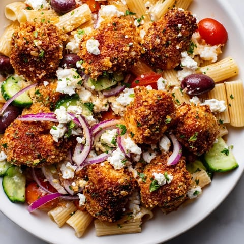 Crispy Chicken Greek Pasta features tender pasta and vibrant Mediterranean vegetables, all drizzled with a zesty red wine vinegar and olive oil dressing.