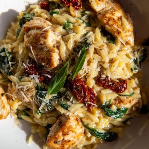 Creamy Tuscan Chicken Orzo with tender chicken, sun-dried tomatoes, and wilted spinach in a rich, garlicky sauce.