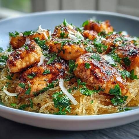 Bright lemon garlic chicken nestled on tender spaghetti squash strands, a delicious dairy-free option.