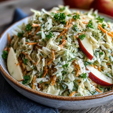 A vibrant bowl of Green Cabbage and Apple Slaw, featuring crisp shredded greens, tart apple matchsticks, and fresh herbs in a creamy tangy dressing.