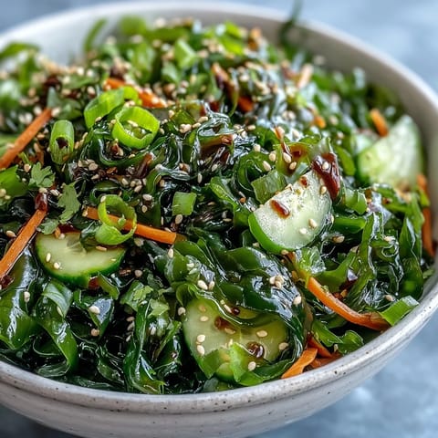 A close-up view of a Japanese seaweed salad garnished with toasted sesame seeds and fresh cilantro, served in a white ceramic bowl.  