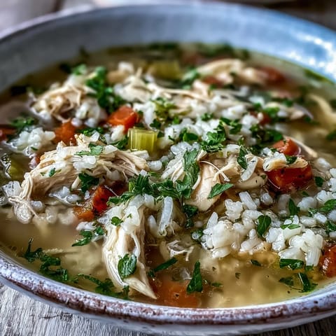 Cozy Winter Chicken and Rice Soup steams in a rustic bowl, garnished with fresh parsley and a lemon wedge on a wooden table.