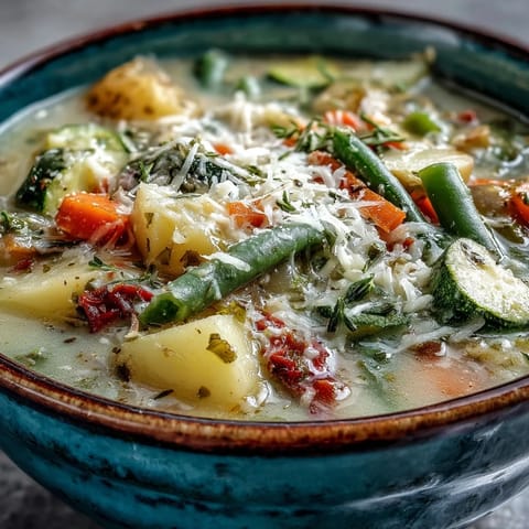 A warm bowl of Parmesan Veggie Soup garnished with fresh parsley and extra grated cheese, served alongside crusty bread for dipping.