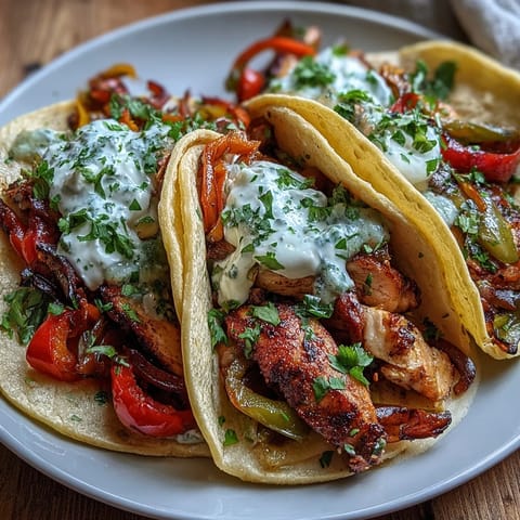 Easy Chicken Fajitas served with flour tortillas, fresh cilantro, lime wedges, and creamy sour cream on a rustic table.