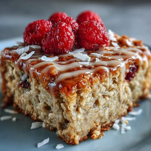 A slice of vegan baked oatmeal with raspberry and coconut is lifted with a spatula, revealing a moist, tender crumb inside.