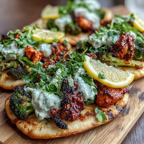 Harissa broccoli piled high on soft flatbreads, topped with creamy Greek yogurt dollops and fresh cilantro leaves.