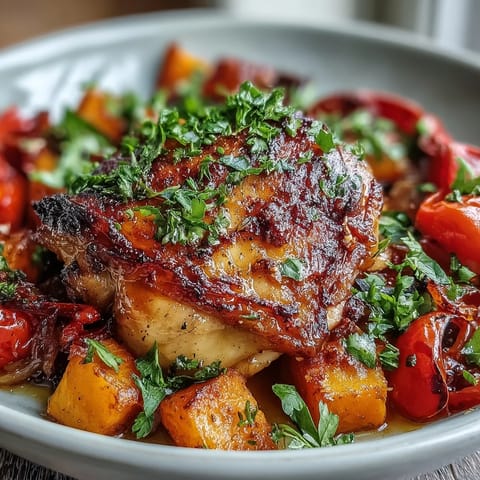 A close-up of the finished Chicken and Sweet Potato Traybake served on a platter with fresh parsley and lemon wedges.