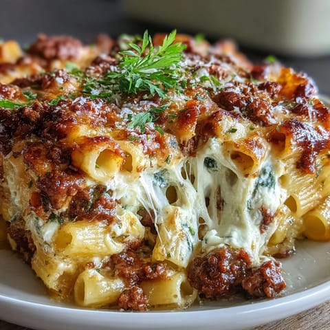 A rustic white bowl holds a hearty slice of Cottage Cheese Protein Pasta Bake with Ground Beef, steam rising.
