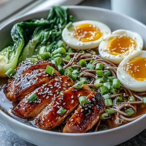 Topped with soft-boiled egg halves and sesame seeds, these Healthy Miso Chicken Noodle Bowls offer a comforting, savory weeknight dinner.