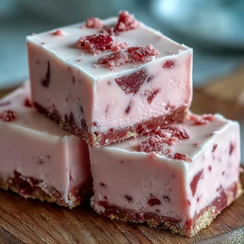 A fork breaks into a creamy white chocolate No-Bake Strawberry Fudge Square, revealing a smooth, tangy strawberry filling.