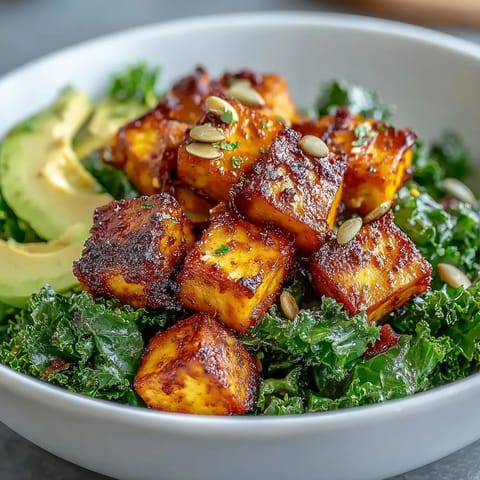 Golden turmeric tofu cubes and sautéed kale served in a bowl with creamy avocado slices and lemon wedges.