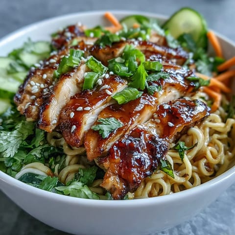 A vibrant Asian Chicken Noodle Bowl garnished with fresh herbs and lime wedges, ready to be served for a family dinner.