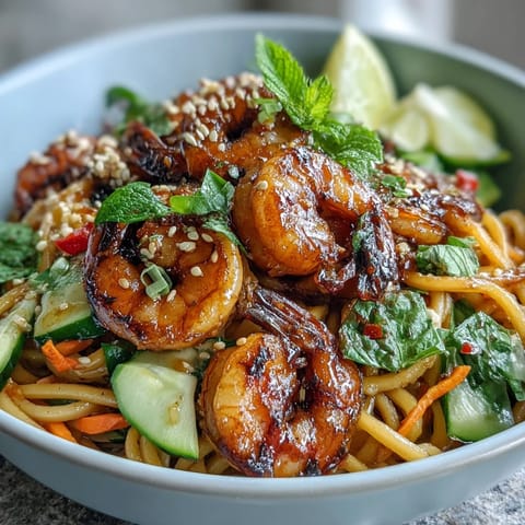 Fifteen-Minute Asian Noodle Bowl With Grilled Shrimp served in a white bowl with chopsticks, featuring colorful julienned carrots and crisp cucumbers.