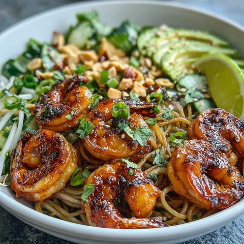 This vibrant Asian-inspired bowl features smoky grilled shrimp, sesame noodles, cucumber, sprouts, and creamy avocado for a refreshing, balanced meal.