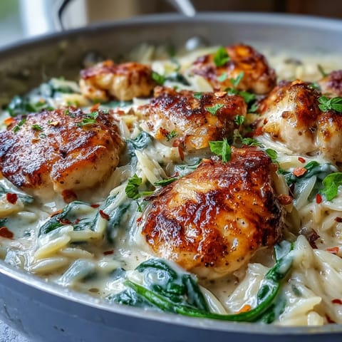 Steam rises from the golden skillet of One-Pot Creamy Garlic Parmesan Chicken Orzo, with melted cheese and a resting spoon.