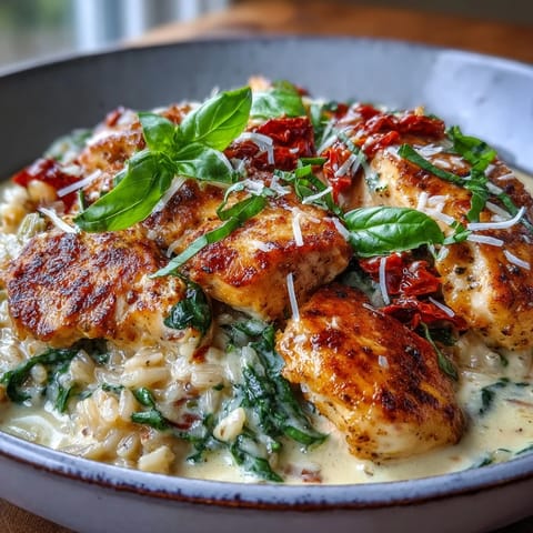 A steaming one-pan Creamy Tuscan Chicken Rice Skillet garnished with fresh basil, served alongside crusty bread for dipping.