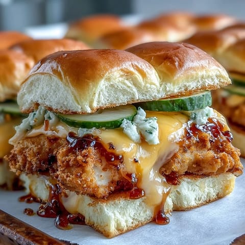 A close-up of the Spicy Honey Butter Chicken Sandwich Bake showing melted cheese and sesame seeds on slider buns, pulled apart to reveal saucy chicken and crunchy pickles.