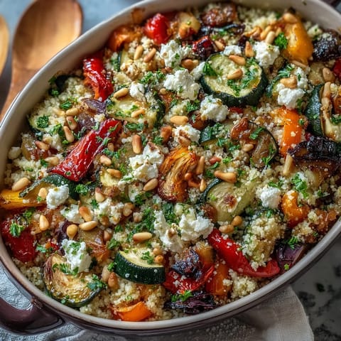 Colorful roasted zucchini, bell peppers, and eggplant are folded into fluffy couscous, creating a Mediterranean-inspired main dish ready to serve warm.