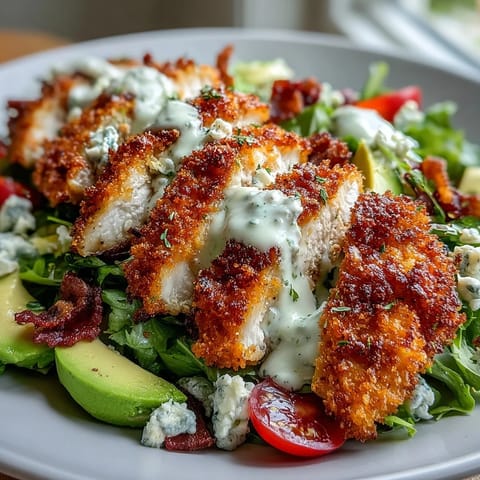 Golden-baked Parmesan Crusted Chicken Cobb Salad features sliced crispy chicken thighs over fresh greens, bacon, avocado, and blue cheese crumbles.