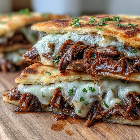 Slow cooker beef, onions, and herbs piled onto warm naan, baked with bubbly cheese and garnished with fresh parsley.