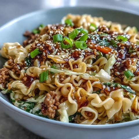 A close-up of Creamy Potsticker Noodle Stir-Fry, ramen noodles glistening with peanut butter soy sauce, topped with toasted sesame seeds and green scallions.