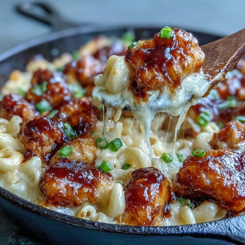 Golden-brown honey BBQ chicken pieces glazing creamy cheddar macaroni in a warm cast-iron skillet, garnished with fresh parsley and sliced scallions.