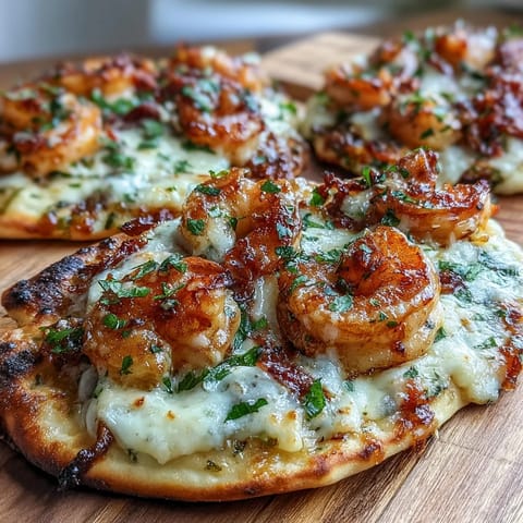 Golden, bubbly mozzarella melts over garlicky shrimp on warm, chewy naan, creating a quick Garlic Butter Shrimp Naan Pizza perfect for weeknight dinners.