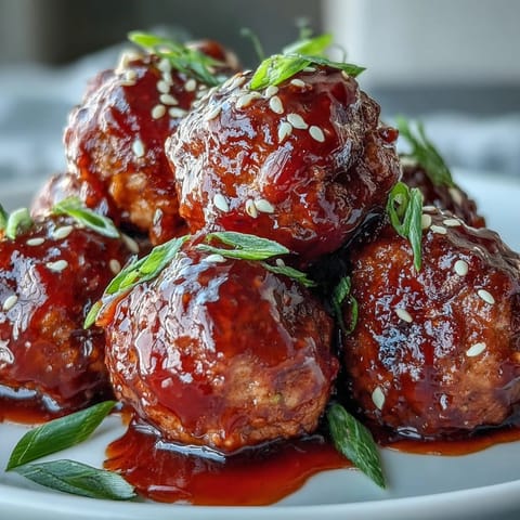 Golden-brown Spicy Chili Honey Turkey Meatballs glistening with a sweet and fiery glaze on a serving platter.