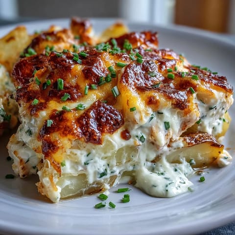 A serving of the Creamy Ranch Chicken Potato Bake on a white plate, with a side salad and fresh chives for a family dinner.