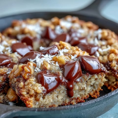 Golden-brown Chunky Monkey Oatmeal Cookie Skillet bubbling with melted chocolate chips, chopped walnuts, and ripe banana pieces in a cast-iron pan.
