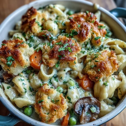 Golden-brown biscuit crumb topping on a skillet of creamy veggie pot pie pasta, featuring peas and carrots.