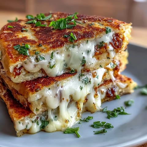 Golden, crispy Brown Butter Garlic Naan Grilled Cheese overflowing with melted mozzarella and fresh herbs on a plate.