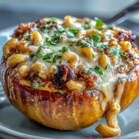 A serving of Hot Honey Chili Mac Stuffed Squash on a rustic plate, drizzled with spicy honey and garnished with cilantro.