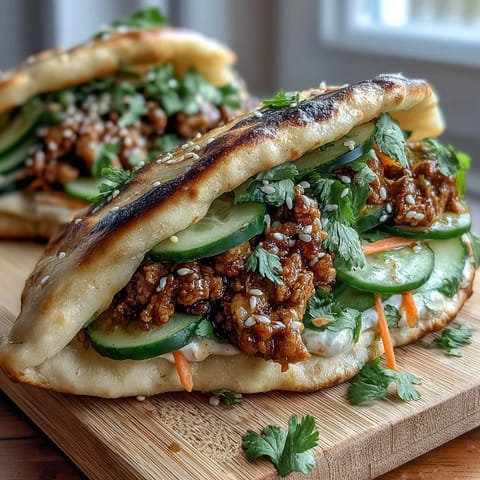 Golden brown naan pockets overflowing with savory Korean turkey, crisp cucumber ribbons, and drizzled with vibrant red gochujang mayo.