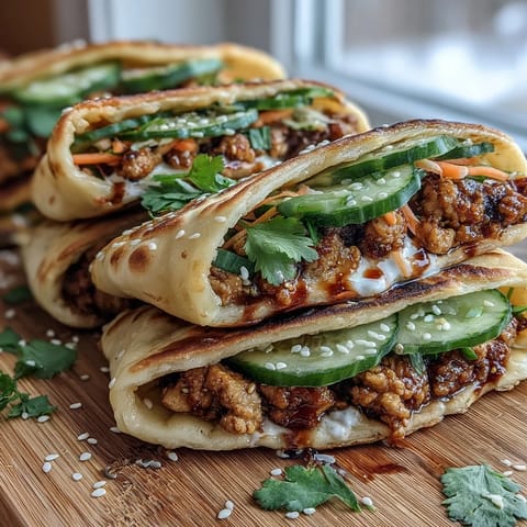 Spicy Korean turkey stuffed naan pockets served warm, garnished with fresh cilantro and sesame seeds on a rustic wooden platter.