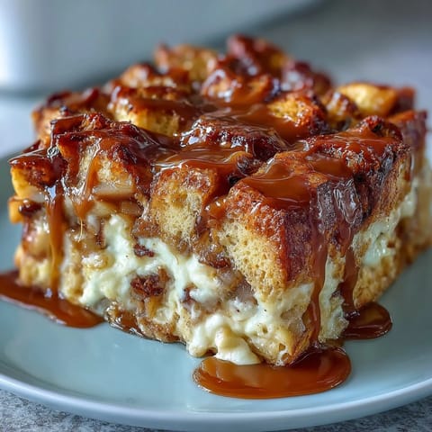 Golden slices of Caramel Apple Cheesecake Bread Pudding are drizzled with extra caramel sauce, served warm on a rustic wooden table.