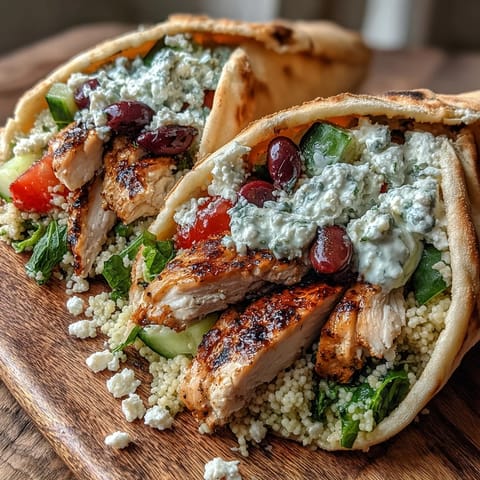 Greek Chicken Feta Stuffed Pitas filled with juicy sliced chicken, diced cucumber, cherry tomatoes, and a generous swirl of cool, creamy tzatziki sauce.