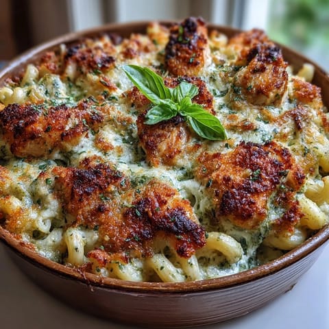 Golden baked pesto chicken mac & cheese casserole with a crispy panko topping and melted cheese. 