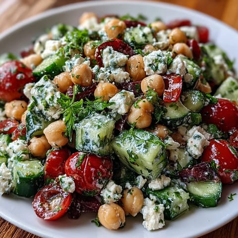 A colorful Mediterranean Chickpea Salad with Cucumber and Feta, featuring fresh vegetables, tangy feta, and zesty vinaigrette for a refreshing vegetarian meal.