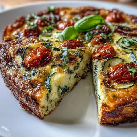A light and fluffy zucchini and tomato frittata, baked until golden with fresh herbs and Parmesan cheese.
