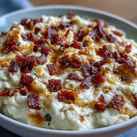 Roasted cauliflower blended with sharp cheddar, cream cheese, and butter, topped with crunchy bacon crumbles for a keto-friendly comfort food.