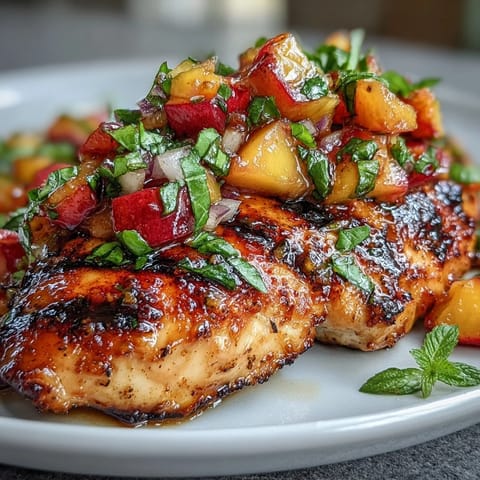 Juicy grilled chicken served with a sweet and savory peach basil salsa, perfect for a light, healthy meal.  