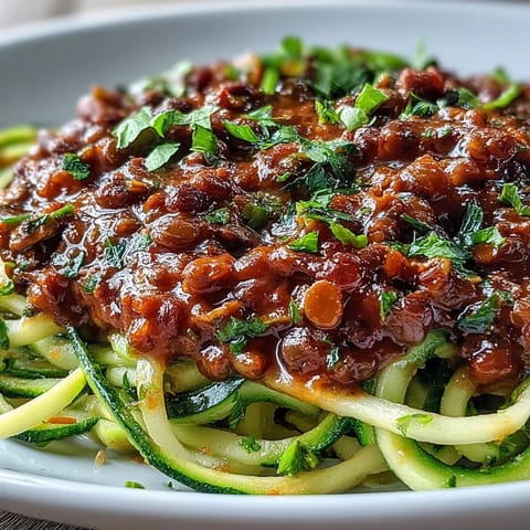 Rich plant-based lentil sauce with tomatoes and aromatic herbs, spooned over colorful spiralized zucchini and carrot noodles.  
